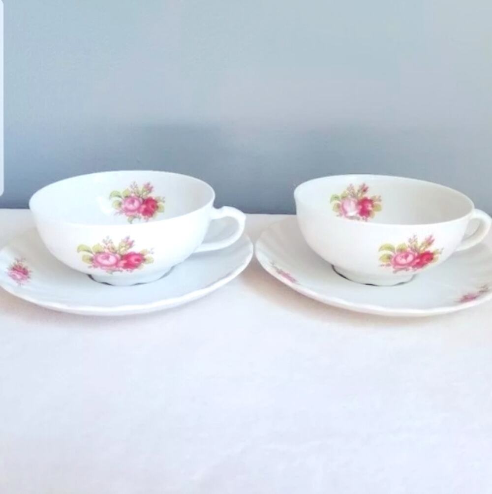 2 Vtg Seltmann Weiden Bavarian China Tea Cups & Saucer Rose Flower Cup